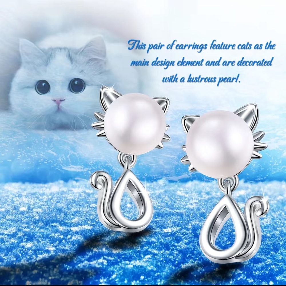 Cat pearl silver earring